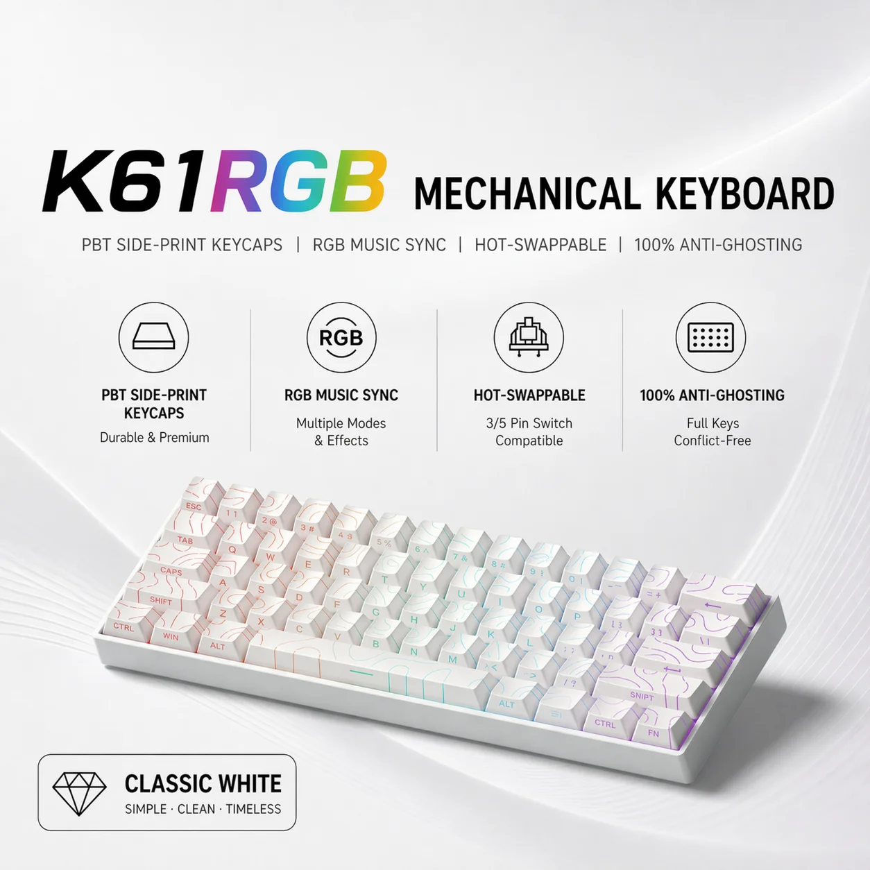 K61 61-Key Mini Mechanical Gaming Keyboard USB Wired Hot Swappable Compact Keyboard with Detachable Cable for PC Laptop Gamer