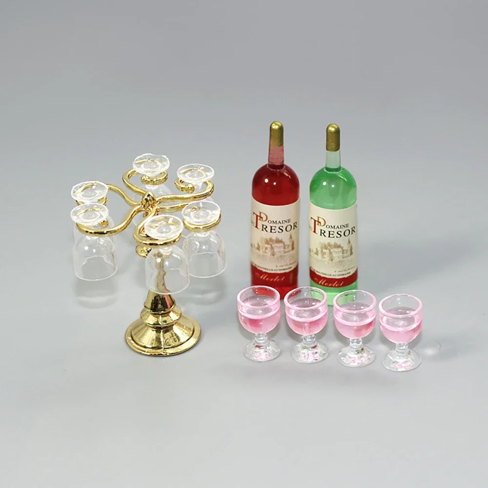 1/12 Dollhouse Miniature Wine Glass Goblet Wine Bottle Rack set Model Toy for Doll House Accessories Decoration ob11 bjd
