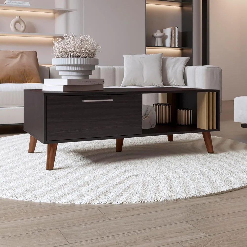 

Multifunctional Coffee Table with Open Shelf and Pull-Down Cabinet, Compact Design, Black Wengue and Natural Oak Finish