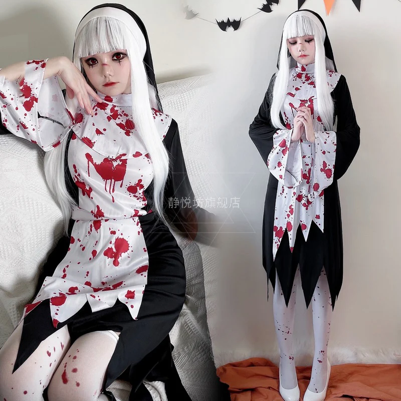 

Halloween Costume for Women Dark Style Nun Cosplay Terrorist Role-playing Terrorist Blood Dress Vestidos Disfraz 3-Piece Suits