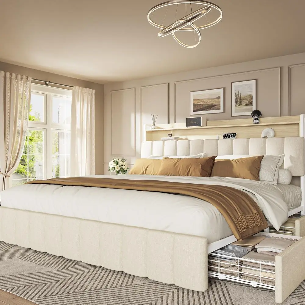 

Bed Frame King Size with Upholstered Headboard amp Charging Station, King Bed Frame with 4 Storage Drawers, 2Tier Open Shelves,