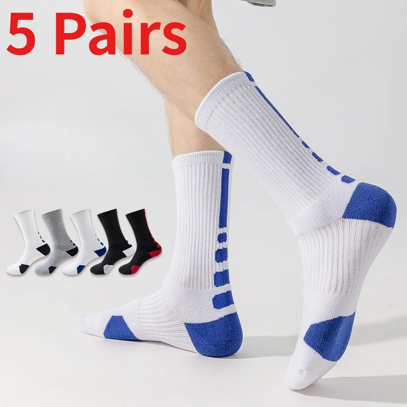 

1/5Pairs Men Elite Basketball Socks Terry Bottom Mid High Calf Athletic Socks Breathable Four Seasons Sports Training Long Socks