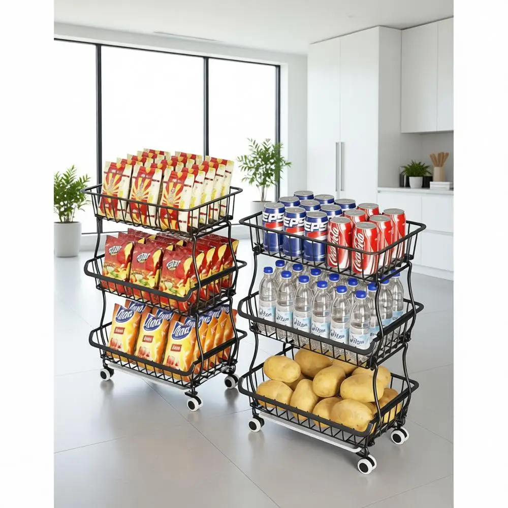 

Трехъярусный передвижной органайзер для кухни с корзинами, которые можно штабелировать, для хранения фруктов, закусок и овощей