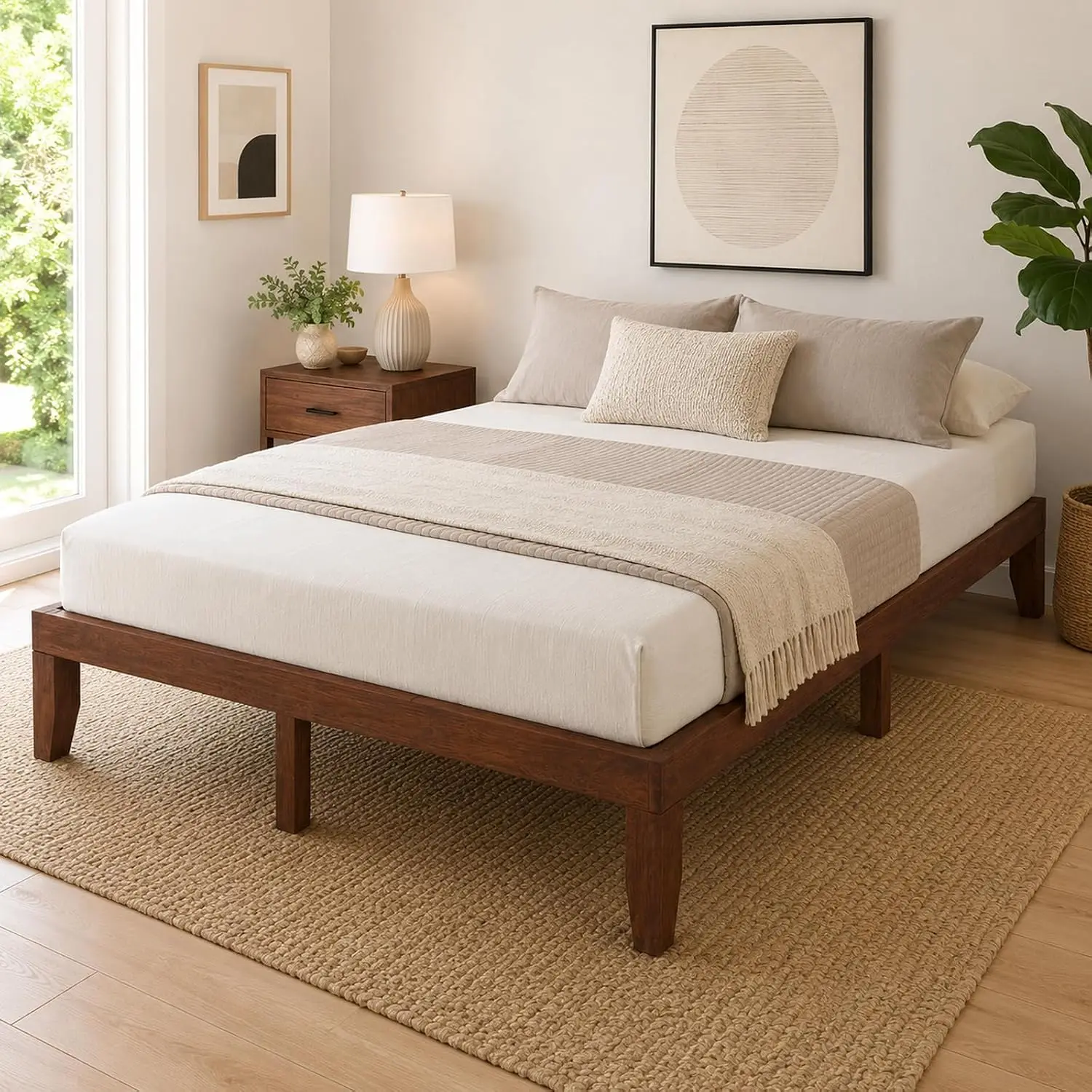 Full Wood Platform Bed Frame 14 Poplar Slats No Box Spring Easy Assembly Under-Bed Storage Noise Free 500 lbs, Customized