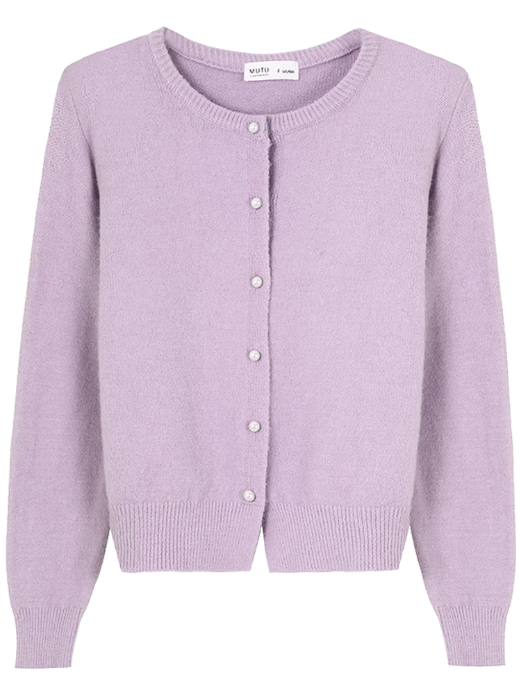 

Повседневный однотонный вязаный свитер для женщин, свободные кардиганы с круглым вырезом и жемчужными пуговицами, ранняя осень 2021, корейский нежный трикотаж