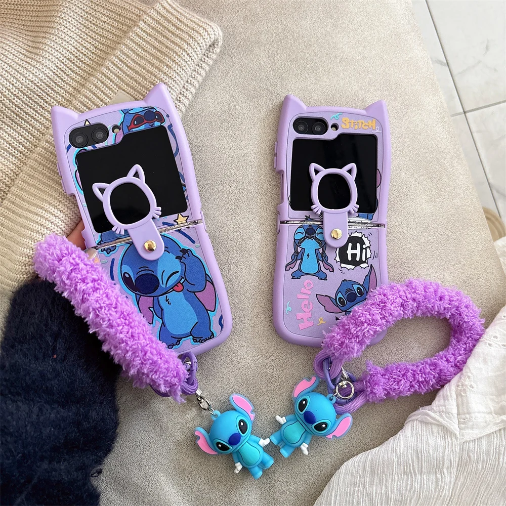 Disney Cartoon Character Stitch 3D Cat Ear Phone Case for Samsung Galaxy Z Flip 3 4 5 6 With Plush Lanyard Anti-drop Back Cover