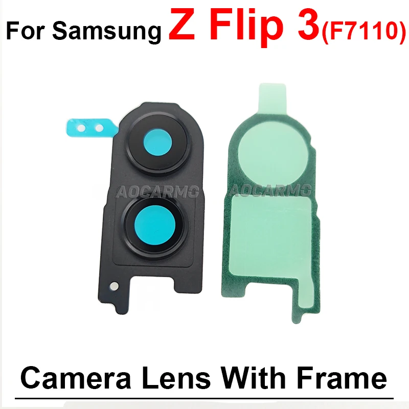 Lensa kamera belakang, untuk Samsung Galaxy Z Flip 3 F7110 Flip3 hitam dengan bingkai dan bagian pengganti stiker