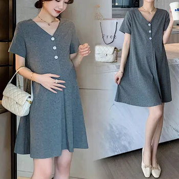 קיץ אופנה יולדות שרוולים קצרים ארוך קו אלגנטי Slim מותן רופפים לנשים בהריון מקרית הריון