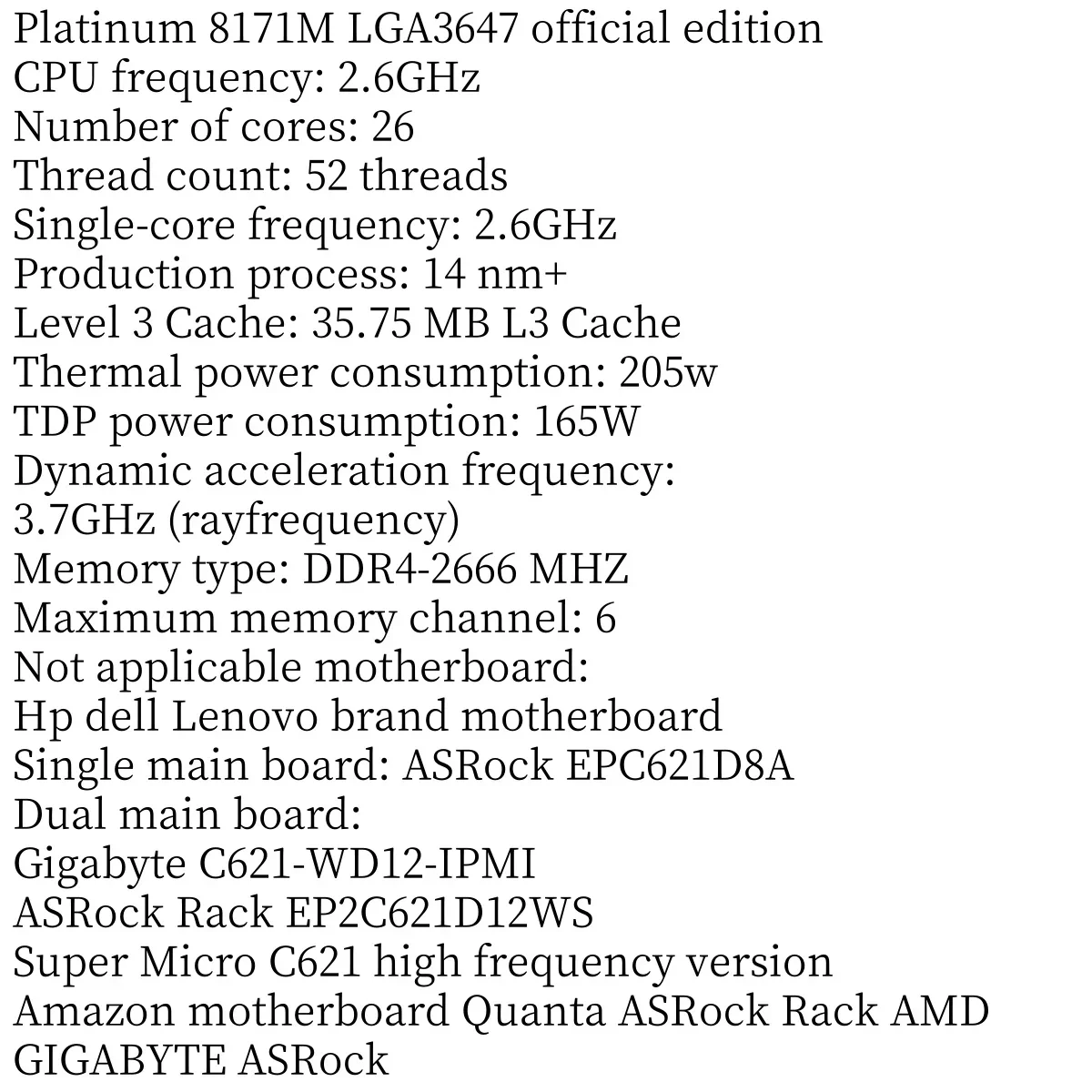 Perfect test Xeon Platinum 8171M 8171 CPU 26 Cores 52 Threads 2.6GHz 35.75MB 205W processor LGA3647 for EPC621D8A EP2C621D12WS