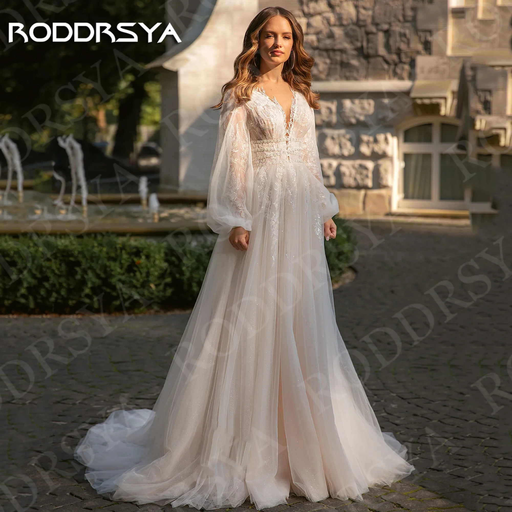 

RODDRSYA Boho Wedding Dress Lace Long Puff Sleeve vestidos de novia boda Bohemian Tulle A Line Bride Gown Appliques Customized