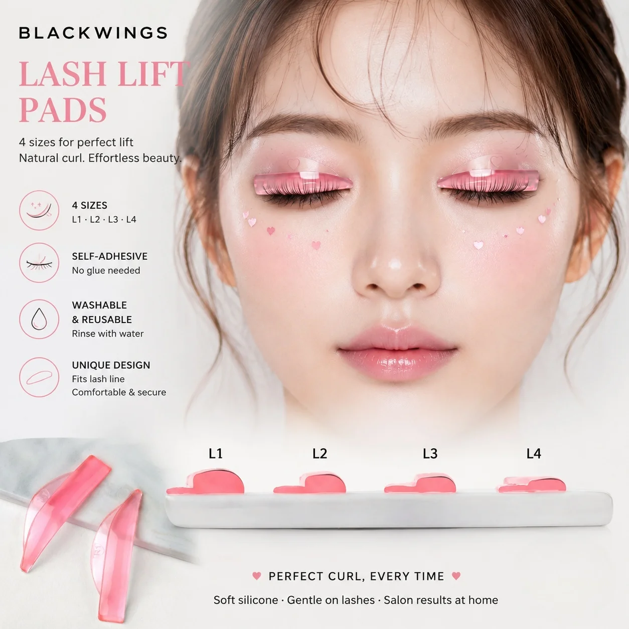 4 Pairs of Pink Blackwings Silicone and Eyelash Protectors, 3D and Eyelash Clip Accessories, Keratin and Eyelash Curling Silicon