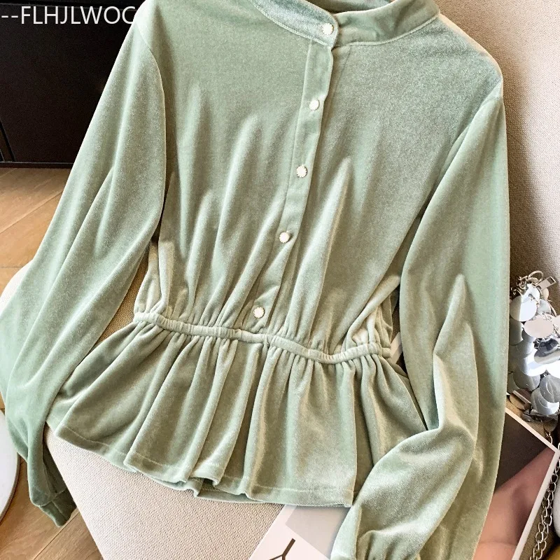 Neue Jahr Weihnachten Samt Tops Bluse Mode Frau Herbst Winter Grundlagen Langarm Nette Mädchen Retro Stehkragen Schößchen Shirts