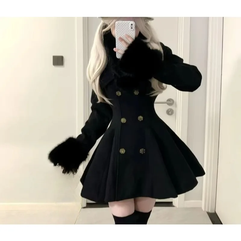 Women Sweet Lolita Woolen Coat Fur Collar Slim Autumn Winter Y2K Overcoat