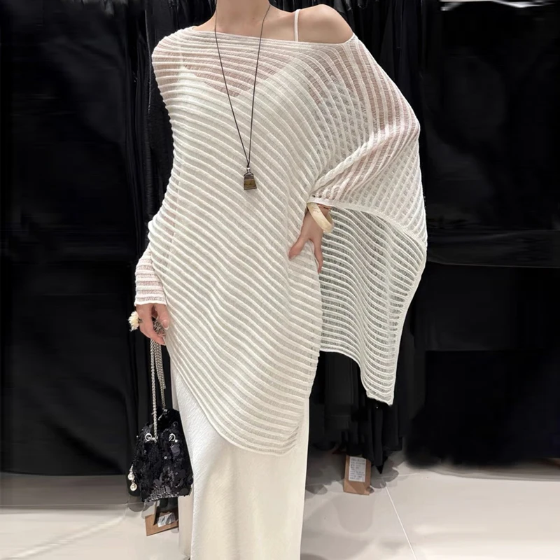 

Irregular Hollow See Through Cover Up Sunscreen Casual Shawl Cape Summer Bat Sleeve Top Fashion Elegant Loose Knitted Long Shirt