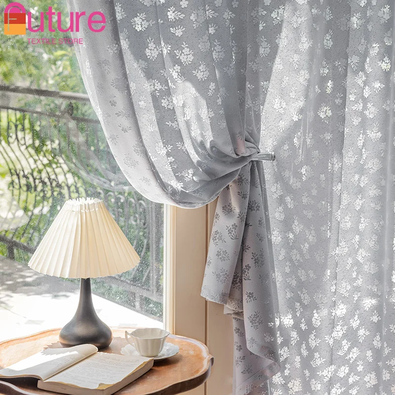 

Japanese Minimalist Gray Hollowed Out Embroidered Window Curtains for Living Room Bedroom Balcony Bay Windows Customized