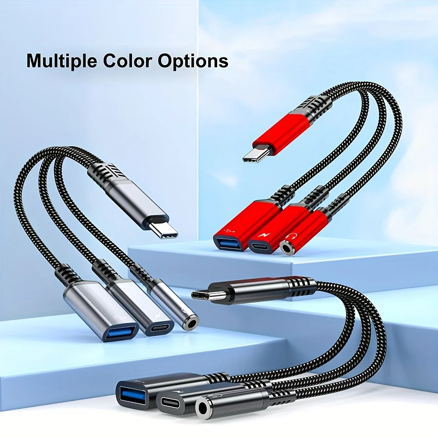 Multifunction 3 Port USB C Splitter Simultaneous Charge Audio OTG Adapter