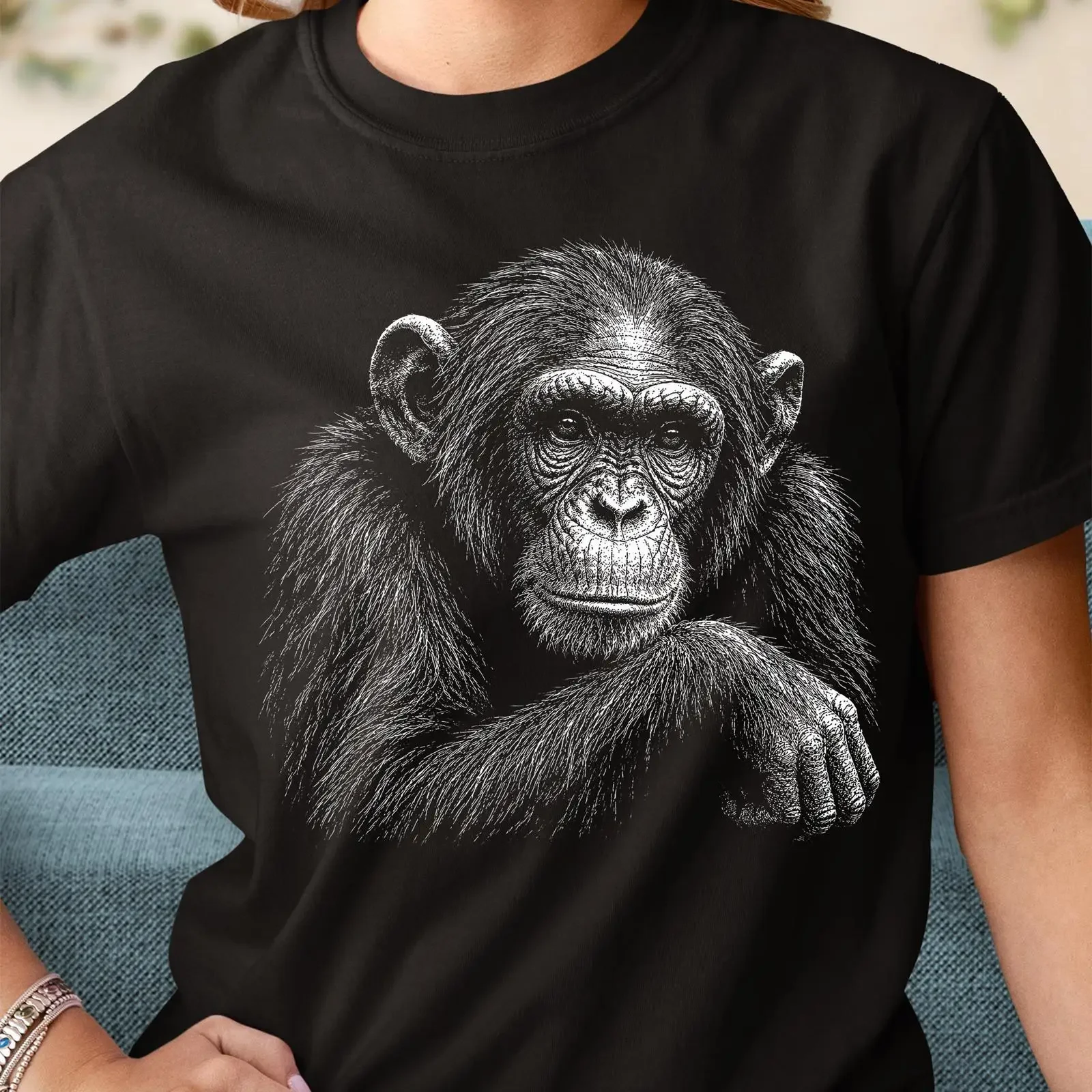 Chimpanzee T Shirt Detailed Primate Illustration Jungle Wildlife Art vintage Washed homme Stretched Unisex streetwear