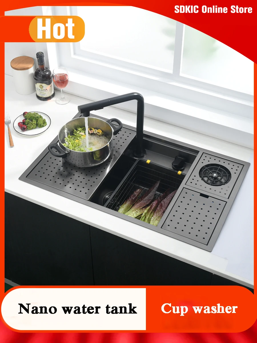 

Concealed Kitchen Sink 304 Stainless Steel Dish Washer Cup Washer Manual Sink Single Bowl Vegetable Washing Basin with Trash Can