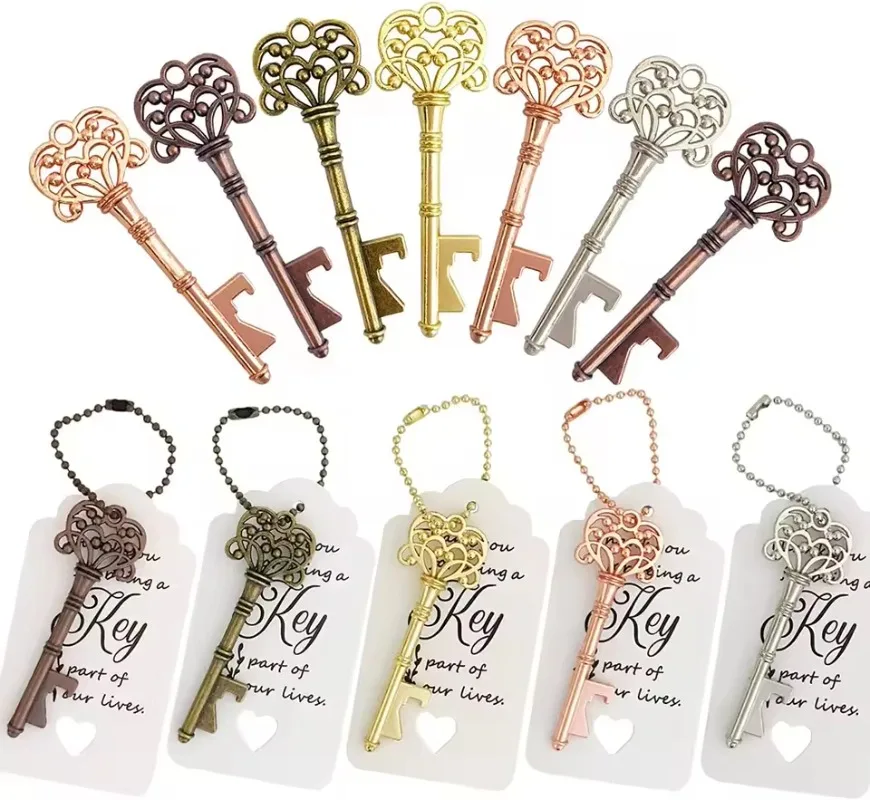 

50pcs Vintage Zinc Alloy Key Bottle Opener Set, Hollow Skeleton Design with Blessing Tag Cards & Keychains, Wedding Favors