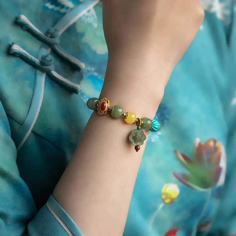 UMQ Natural Hetian Jade Custom Bracelet Female Duobao Jasper Good Luck South Red Bead String Jewelry