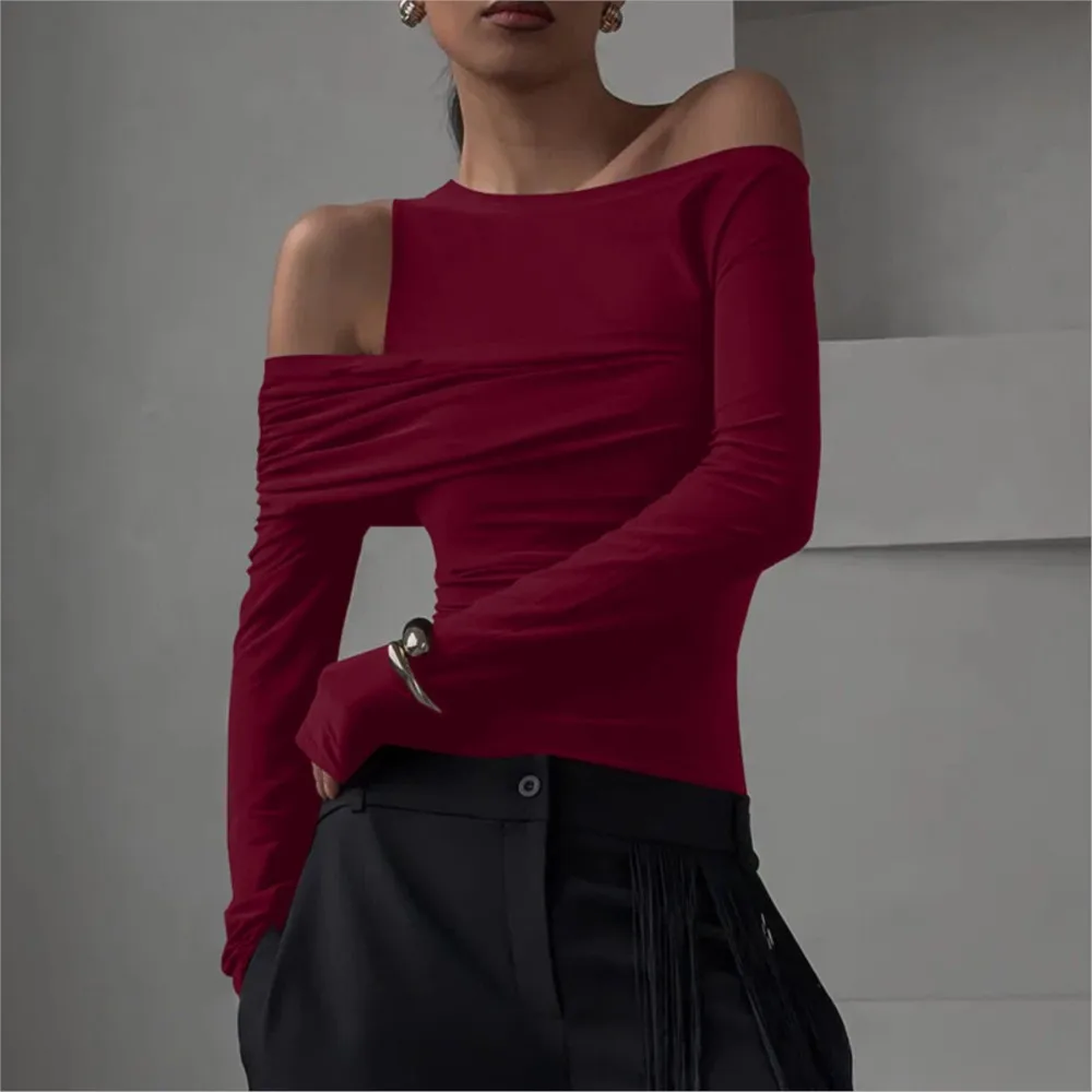 Fashionable Personalized Irregular Sloping Shoulder Pleated Slim Fit T-shirt Top Simple Style All-match Solid Color Temperament