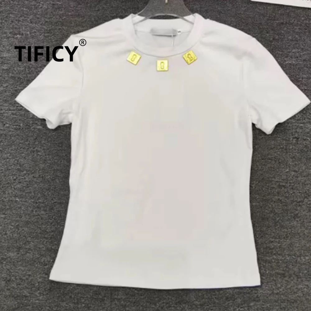 

Футболки High Street Tees: Женская укороченная футболка с круглым вырезом, в стиле ретро, с декоративной пряжкой в стиле хэви-метал, модная и повседневная