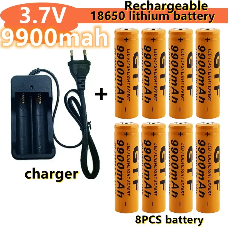 100% Brand New 18650 Lithium-ion Rechargeable Battery 3.7V9900mAh (orange), with LED Flashlight Charger+charger