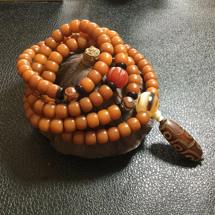 Natural 108 Beads Beeswax Buddhist Buddha Bracelet Meditation Prayer Bead Mala Bracelet Women Men Rosary Nine-eyed Agate Jewelry