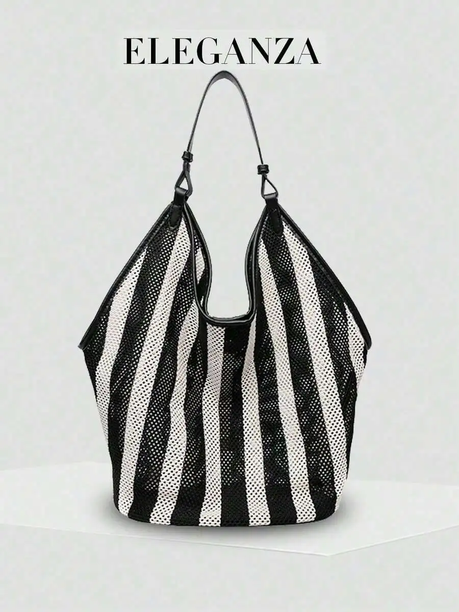 

Eleganza Black White Vertical Stripe Woven Tote Bag Large Capacity Shoulder Bag For Vacation Travel Daily Casual Wear