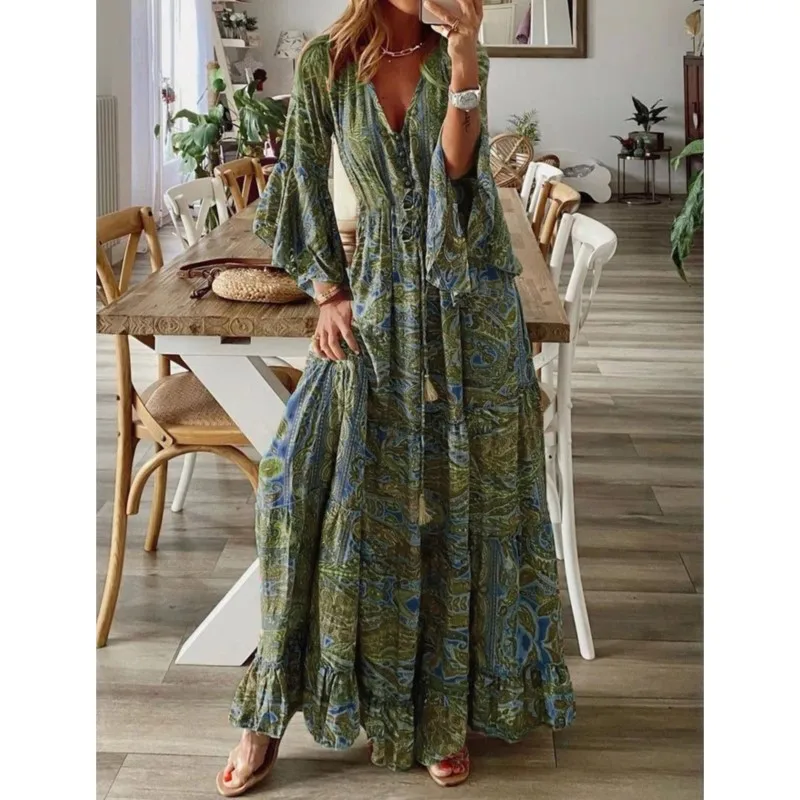 Robe longue de style bohème pour femme, imprimé floral fragmenté, manches évasées, col en V, taille haute, rétro, mode automne