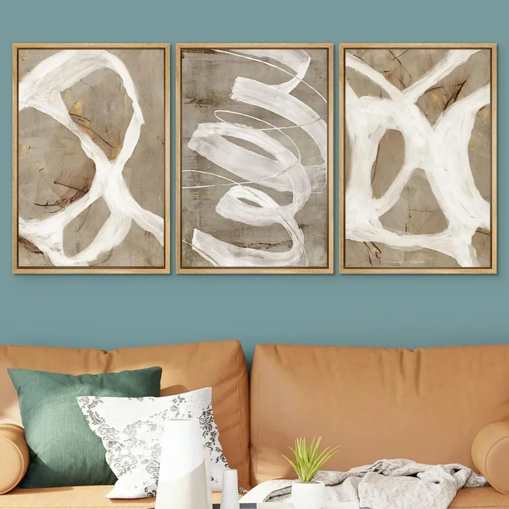 Framed Canvas Print Wall Art Set White Brown Pastel Paint Strokes Shapes Abstract Illustrations Modern Art Decorative