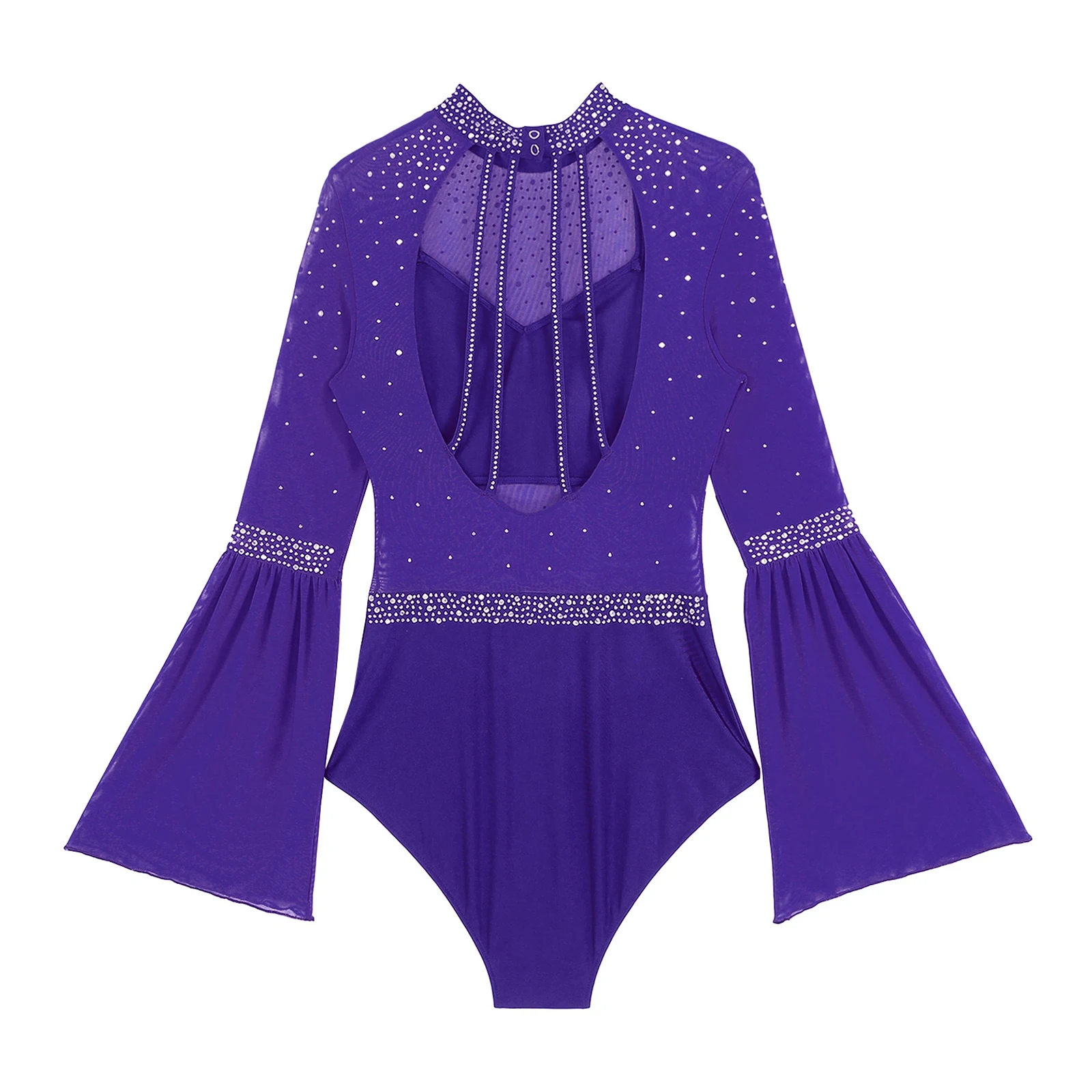 Damen Eiskunstlauf Rhythmische Gymnastik Performance Kostüm Flare Sleeve Sparkly Strass Ballett Tanz Trikot Tanzbekleidung – Detail 20