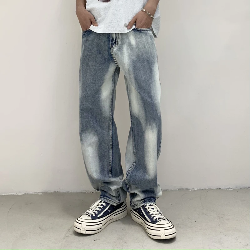 

Hip pop vintage blue jeans for men straight fit denim pants contrast color baggy jeans new trousers male Y2K pants