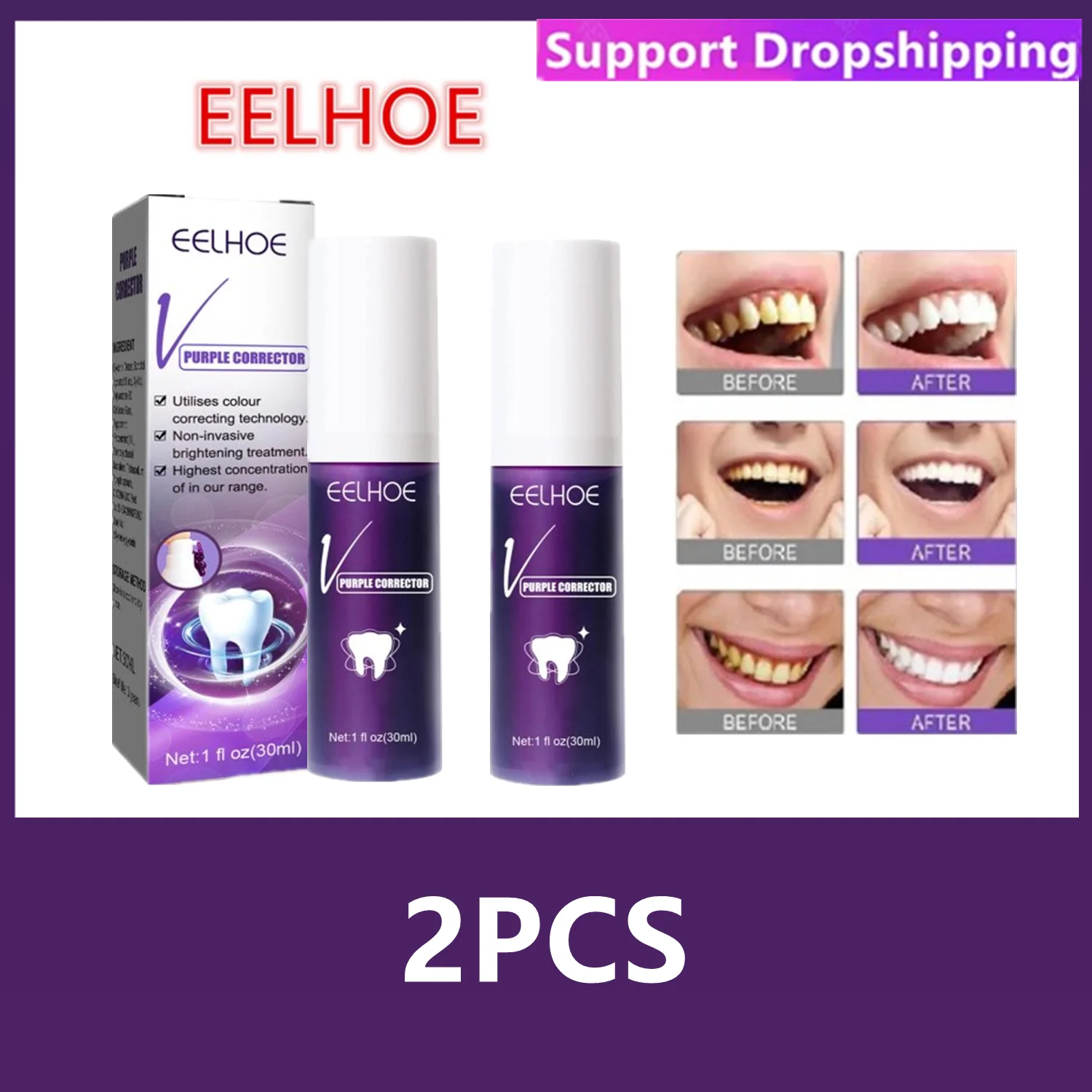 2PCS EELHOE Purple Color Corrector Teeth Toothpaste Effective Whitening Toothpaste Oral Whitening Product Mousse Cleaning Teeth