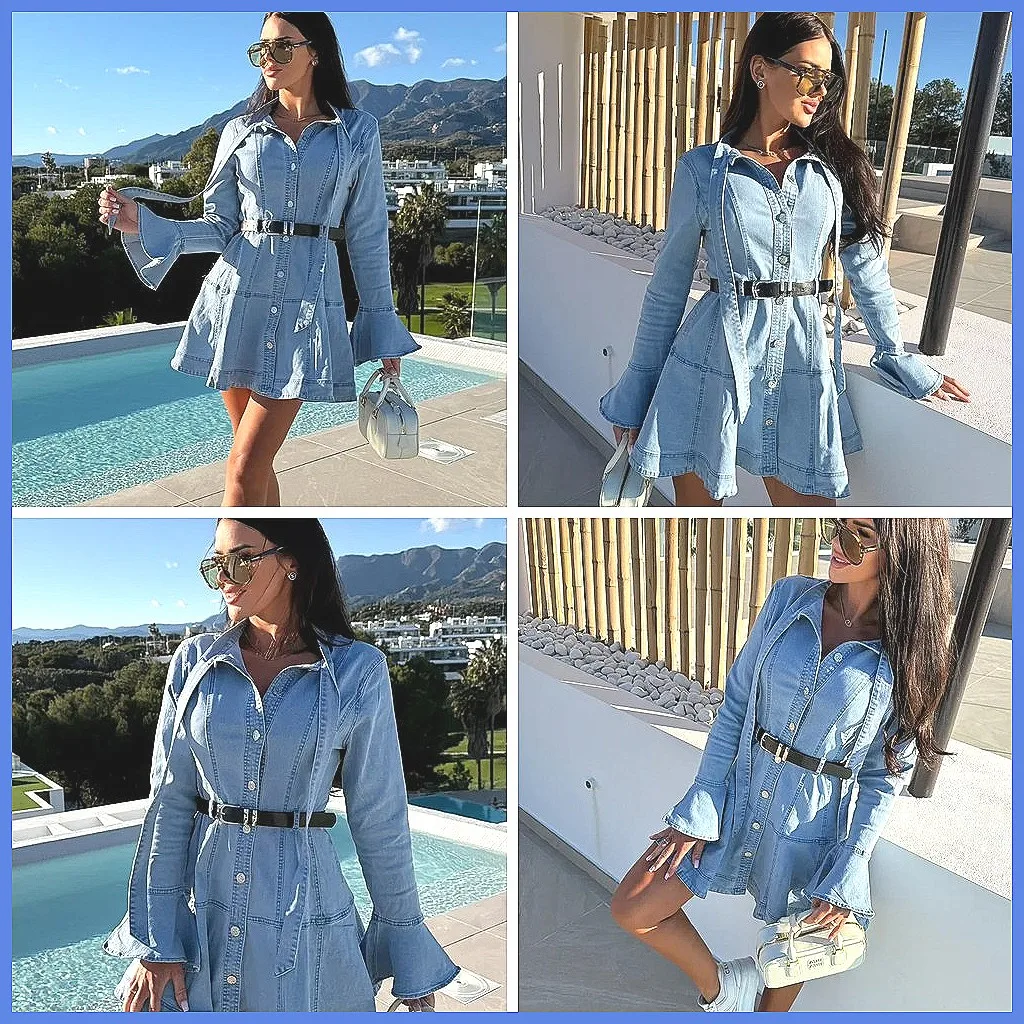 

Light Blue Denim Shirt Dress for Women, Flare Sleeve Button Down Elegant Mini Dress for Vacation & Daily Wear