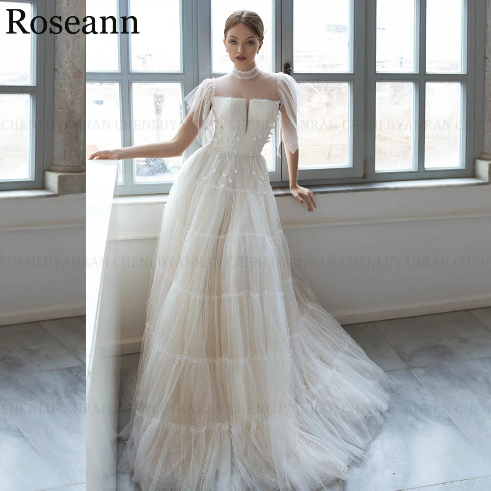 ROSEANN Shiny A-Line High Neck Wedding Dresses 2024 New Tulle Zipper Half Sleeve Applique Backless Bridal Gown Vestido De Novia