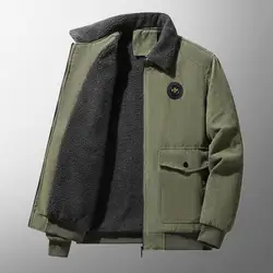 Male Zipper Closure Jacket Winter Solid Color Coat Thickened Fleece Lining Corduroy Coat Men's Winter Jacket with Lapel Zipper