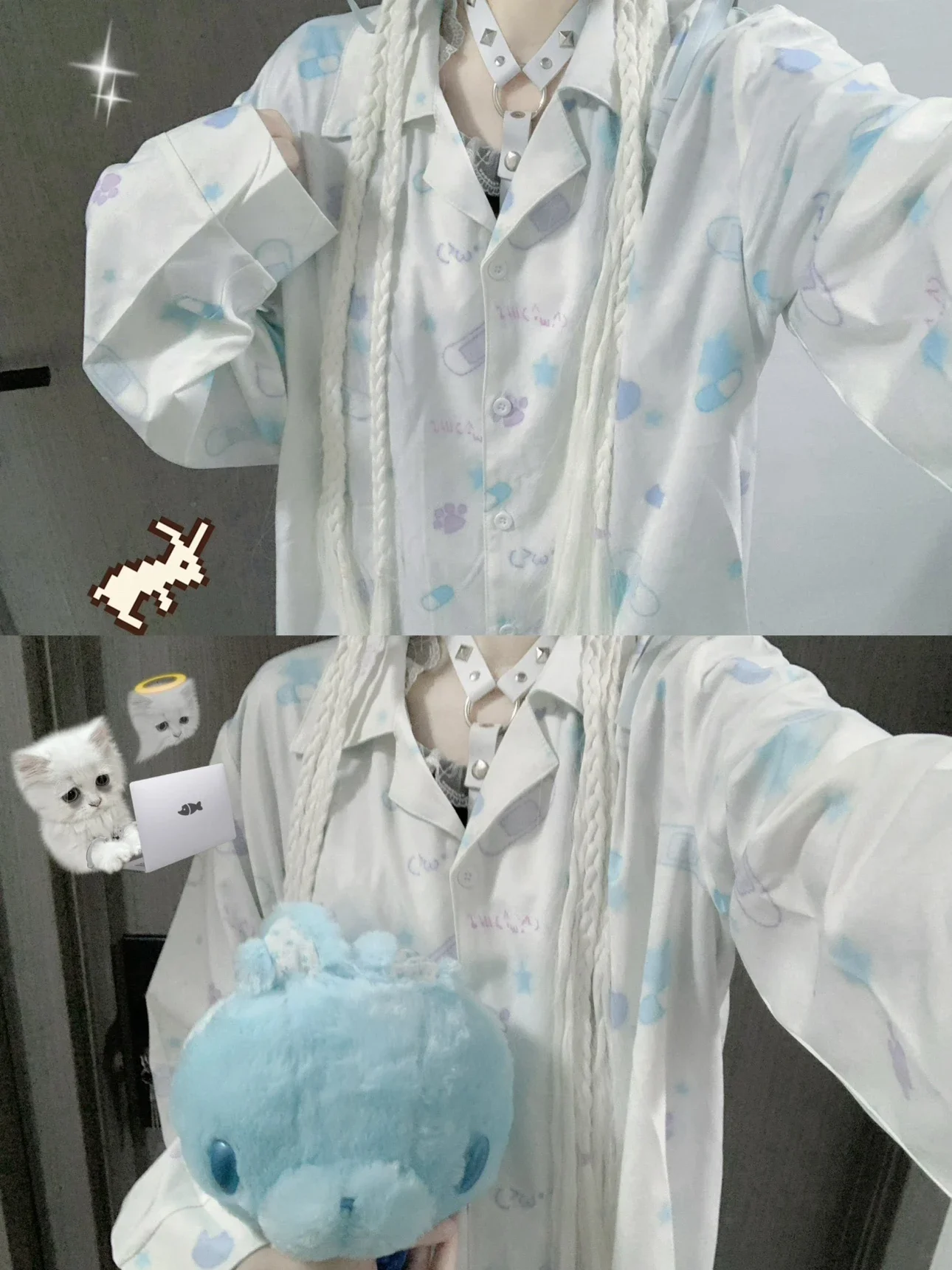 Cat Print Pajamas Two Pieces Sets Cute Long Sleeved Lapel Single-breasted Shirts Elastic Waist Pants Comfortable Homewear