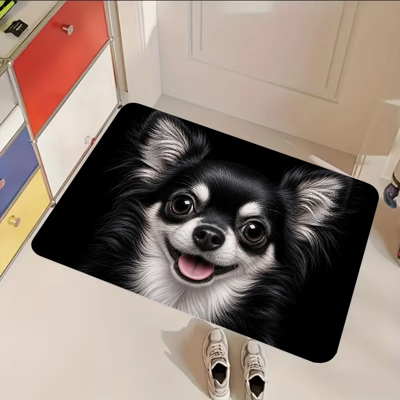 Chihuahua Smiling Black Background Rug High Contrast Tongue  Print Non Slip Washable Mat For Small Breed Lover Home Decor