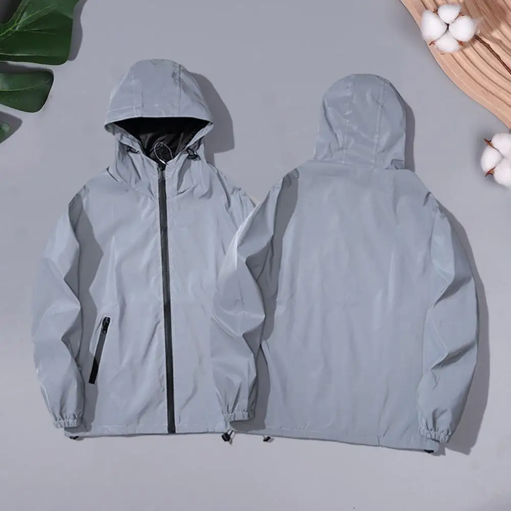 Men Outer Layer Coat Reflective Hooded Jacket for Men with Windproof Design Zipper Closure Double Pocket Ideal for Climbing