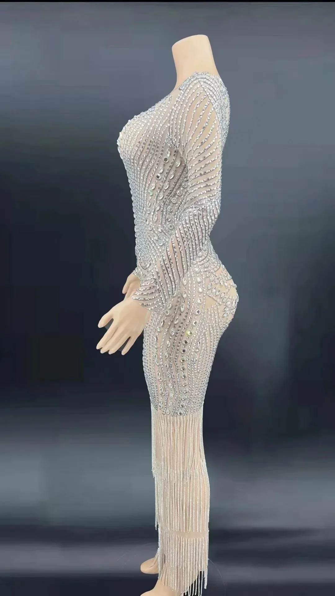 Long Tassel Drill Chain Rhinestone Women Dress Birthday Party High Level Outfit Prom Evening Shinning Stage Wear Lyrical Dance