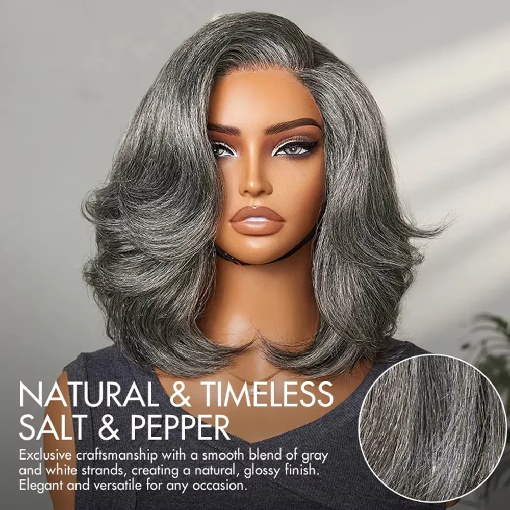 솔트 앤 페퍼 밥 가발 인모 글루리스 14인치 5x5 프리컷 레이스 글루리스 그레이 컬러 가발 브라질 바디 웨이브 인모 가발