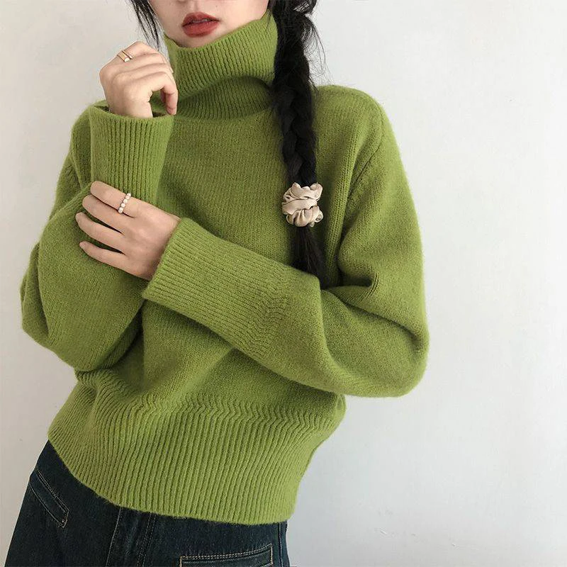 

GIDYQ Autumn Solid Turtle Neck Sweater Women Fashion Korean Warm Knitted Basic Pullovers Loose O Neck Long Sleeve Female Jumper