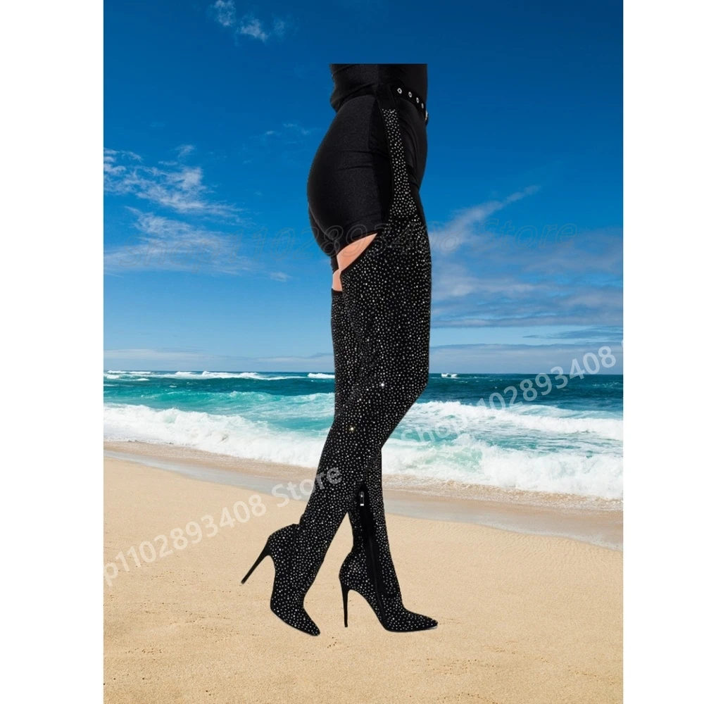 

Black Crystals Decor Buckle Belt Over the Knee Boots Pointed Toe Sexy Stiletto High Heel 2024 Women Shoes Zapatos Para Mujere