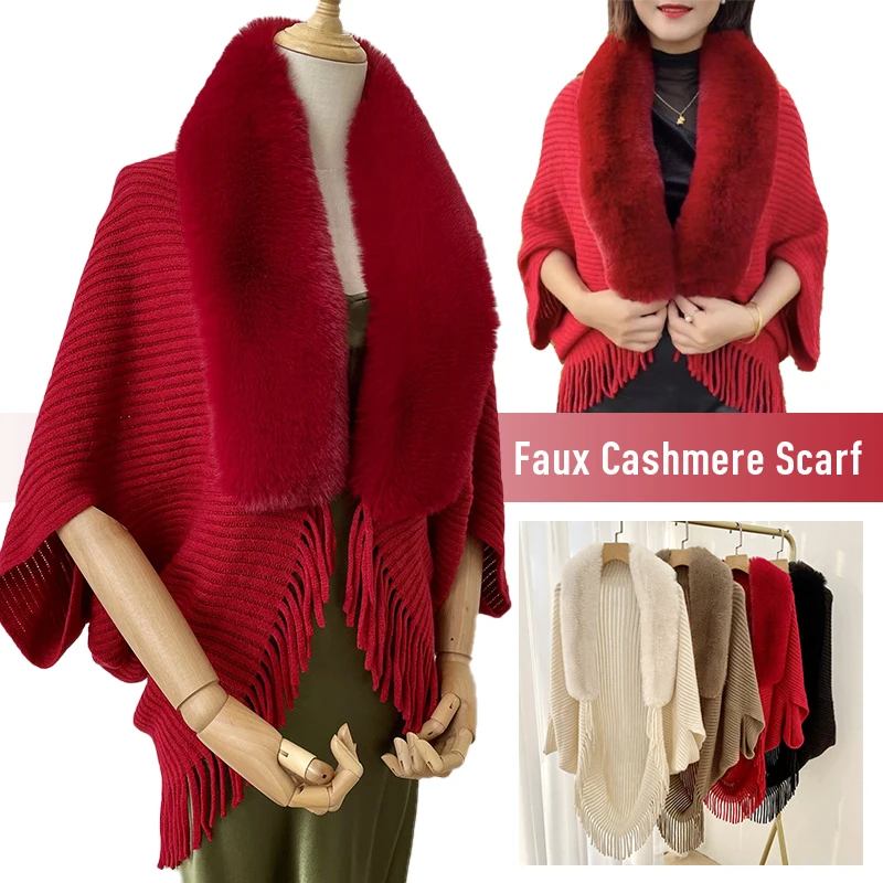 

Women Winter Imitation Cashmere Shawl Scarf Lady Elegant Faux Fur Collar Capes Tassel Wraps Long Warm Wraps Cloak Poncho Tops