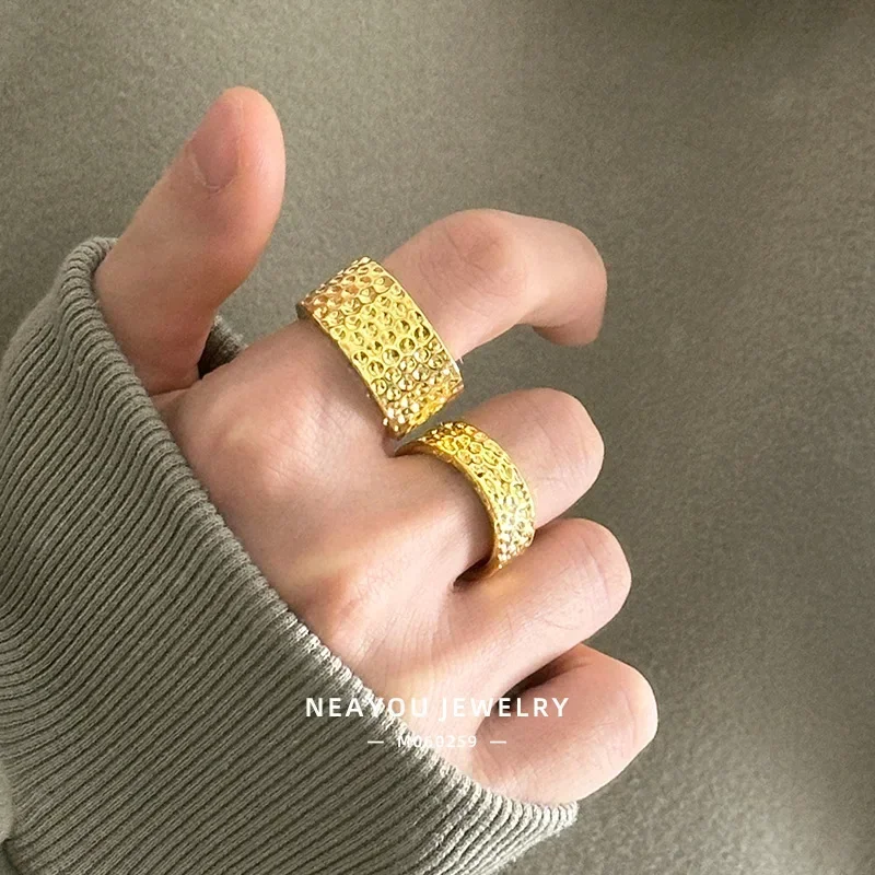 

9999 Real Gold 24K Niche Premium Sense Retro Personality Bump Polka Dot Ring Men's Hammer Ring