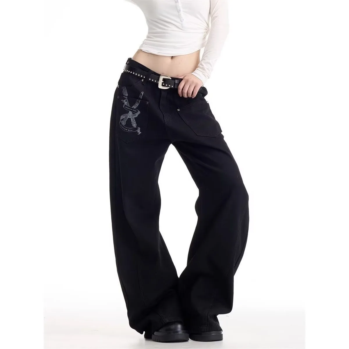 جينز أمريكي ريترو للرجال صيفي عصري ماركة رائعة وعصرية سراويل شارع متفجرة سراويل سوداء فضفاضة #1