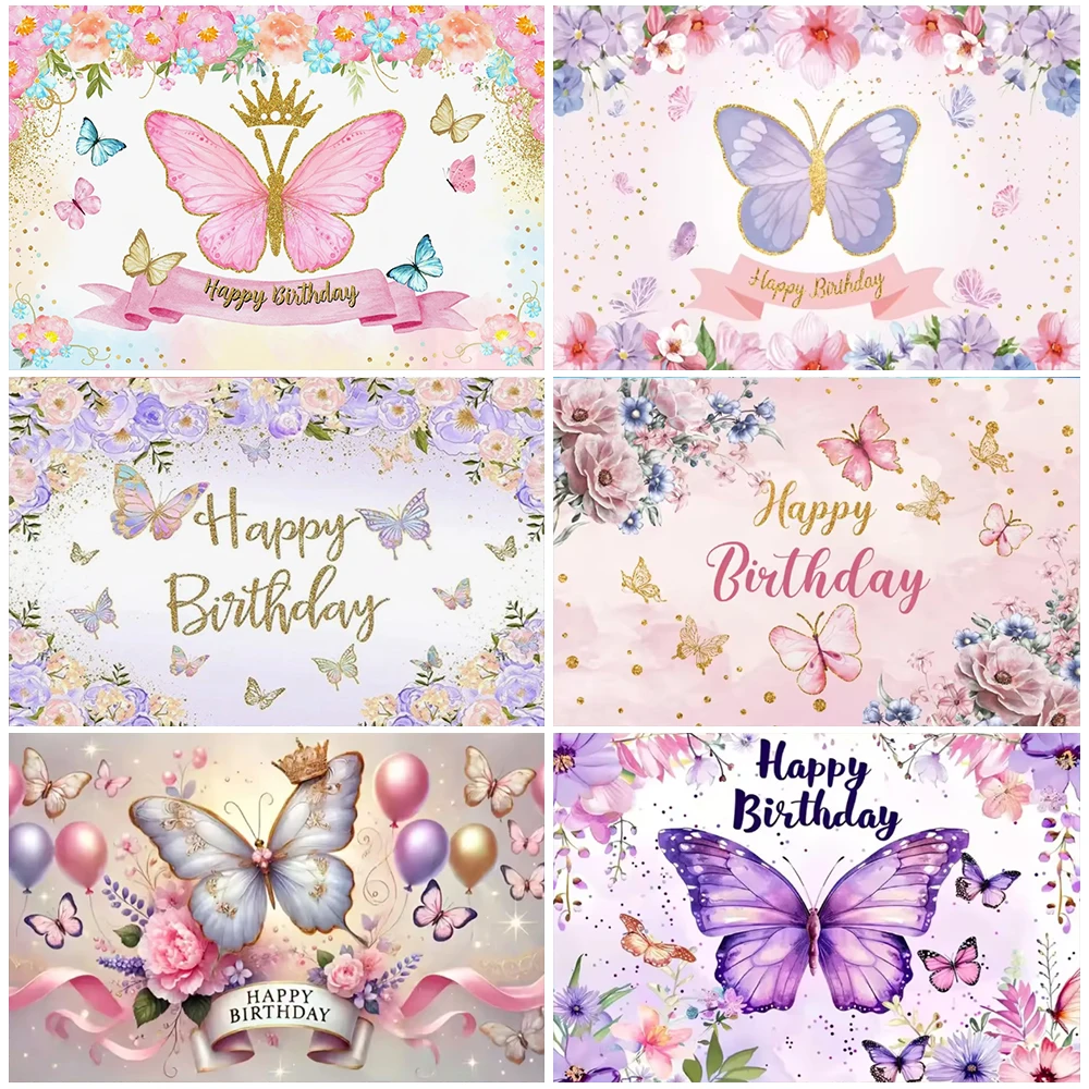 

Purple And Pink Butterfly Birthday Party Decorations Aesthetic Flowers And Fly Butterfly Backdrop Girl Gift Baby Shower Supplies