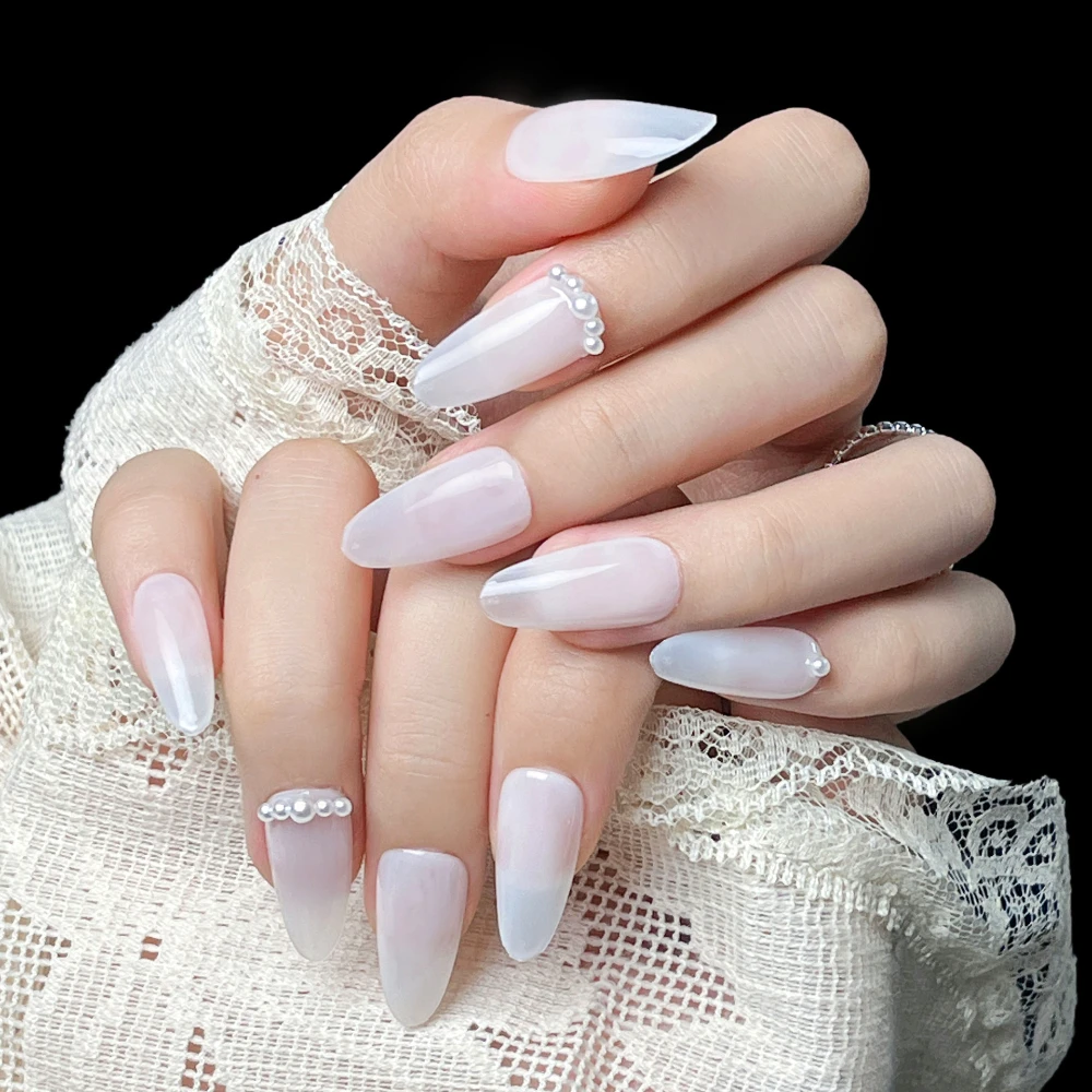 10 Pcs Press On Nails 2024 New Handmade White Simple & Elegant Limited Medium Almond False Nails Design Art DIY Nails with Set