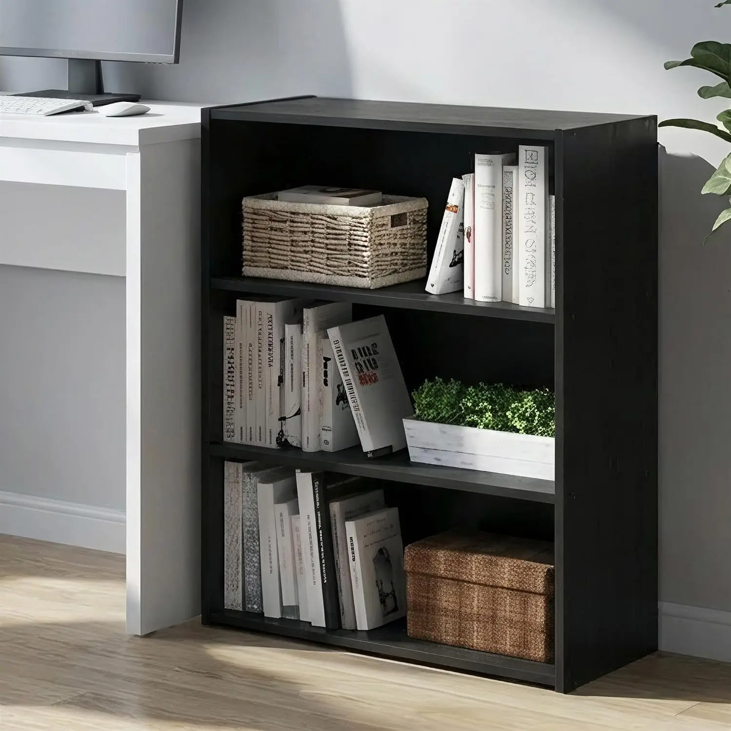 Furinno PASIR Book Shelf, 3-Tier Bookshelf, Storage Shelves Bookcase, 9.7 x 23.7 x 31.5, for Living Room, Bedroom, Home Office, Americano view 2